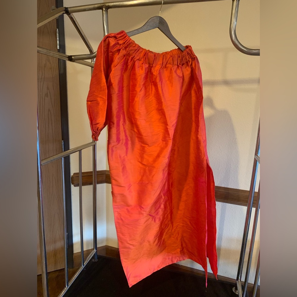 One shoulder beautiful dress, light material, orange red color, size medium